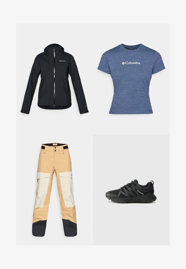 Svart vattentålig jacka med hela dragkedjan, fästad huva och reflektionsdetaljer. Slät textur, minimalistisk design med Columbia-logotypen.; Blå kortärmad t-shirt i texturerad tyg, med en vit Columbia-logotyp på bröstet, rund hals och figursydd passform.; Beiga och vita utebyxor med svarta detaljer. Har cargofickor, dubbelknäppning och en hållbar textur som är lämplig för olika förhållanden.; Columbia PEAKFREAK - Hikingskor - black