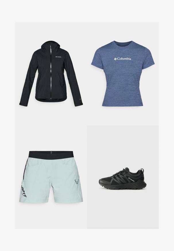 Fekete vízálló dzseki teljes cipzárral, hozzákapcsolt kapucnival és fényvisszaverő részletekkel. Sima textúra, minimalista dizájn, Columbia logóval.; Kék, rövid ujjú póló texturált anyagból, fehér Columbia logóval a mellrészen, kerek nyakkivágással és testhezálló fazonnal.; Világos menta zöld rövidnadrág fekete derékrésszel, oldalzsebekkel és fekete logóval a bal lábszáron. Sima anyag, tiszta varrásokkal.; Columbia PEAKFREAK - Túracipők - black