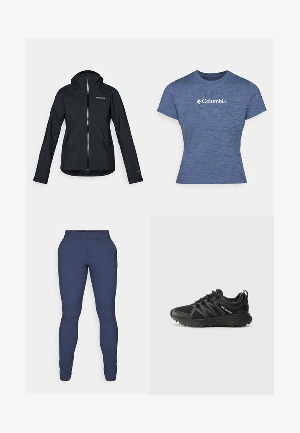 Black waterproof jacket with a full zipper, attached hood, and reflective accents. Smooth texture, minimal design, featuring the Columbia logo.; Blue short-sleeve t-shirt made of textured fabric, featuring a white Columbia logo on the chest, round neck, and fitted design.; Navy pants made of a smooth, stretchy fabric. Features a slim fit, flat front, and tapered leg openings. No visible embellishments.; Columbia PEAKFREAK - Hiking shoes - black