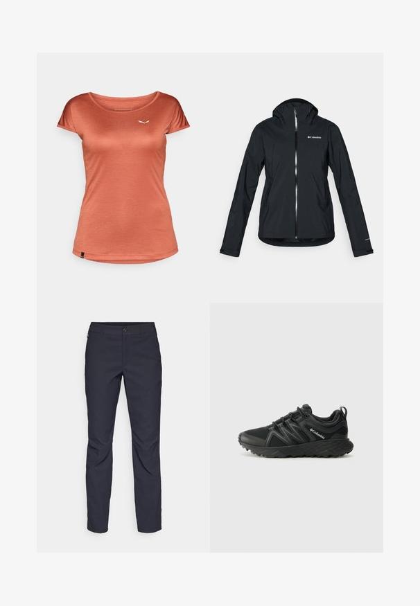 Fekete vízálló dzseki teljes cipzárral, hozzákapcsolt kapucnival és fényvisszaverő részletekkel. Sima textúra, minimalista dizájn, Columbia logóval.; Rozsdabarna színű póló, rövid ujjú, kerek nyakkivágással, könnyű anyagból készült, a bal mellrészen egy kis fehér logóval, sima tapintású.; Sötétkék nadrág sima anyagból, elülső gombos záródással, slim-fit fazonnal és gyűrött részletekkel a térdeken.; Columbia PEAKFREAK - Túracipők - black