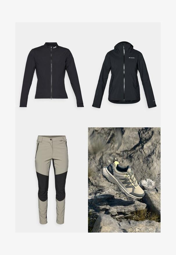 Jachetă neagră, impermeabilă, cu fermoar complet, glugă atașată și accente reflective. Textură netedă, design minimal, ce prezintă logo-ul Columbia.; POC ESSENTIAL SPLASH JACKET - Bluză ciclism - uranium black; Pantaloni ușori și respirabili în nuanțe de bej și negru, cu un design ajustat, fermoare laterale și accente de panouri contrastante pe genunchi.; Pantofii de alergare Columbia pentru trasee, într-o nuanță deschisă de bej și gri. Partea superioară din plasă cu detalii texturate, talpă din cauciuc și accente reflectorizante. Design ușor.