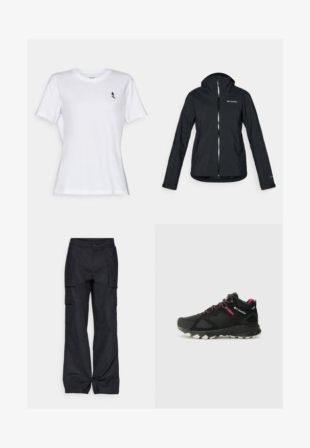 Juodas vandeniui atsparus švarkas su pilna užtrauktuko sistema, pritvirtinta kapišonu ir atspindinčiomis detalėmis. Lygi tekstūra, minimalus dizainas, su "Columbia" logotipu.; Balta medvilninė marškinė su trumpomis rankovėmis, apvaliu iškirpimu, su mažais daugiaspalviais paukščių siuvinėjimais kairiajame krūtinės rajone.; Columbia BREA FALLS™ COTTON RIPSTOP PANT - Lauko kelnės - black; Columbia PEAKFREAK HERA MID - Turistiniai batai - black/deep madeira