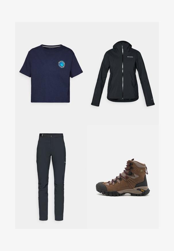 Černá voděodolná bunda s celopropínacím zipem, připevněnou kapucí a reflexními akcenty. Hladká textura, minimalisticý design se znakem Columbia.; Patagonia UNITY FITZ EASY CUT RESPONSIBILI-TEE - Triko s potiskem - new navy; Pánské outdoorové kalhoty, tmavě šedé, vyrobené z flexibilního materiálu, s pásem, zipovými kapsami a vyztuženým švem.; Hnědé voděodolné turistické boty s texturovaným svrškem, odolným šněrovacím systémem a Vibram podrážkou pro trakci. Obsahují síťovinové detaily a logo.