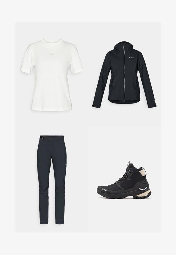 Giacca nera impermeabile con zip full-length, cappuccio integrato e dettagli riflettenti. Tessuto liscio, design minimale, con logo Columbia.; T-shirt bianca a maniche corte realizzata in morbido cotone, con scollatura rotonda e discreto logo ricamato "Rapha" sul petto.; Pantaloni da uomo per attività all'aperto, grigio scuro, realizzati in materiale elastico, dotati di cintura, tasche con zip e cuciture rinforzate.; Salewa PUEZ MID PTX - Scarpa da hiking - black