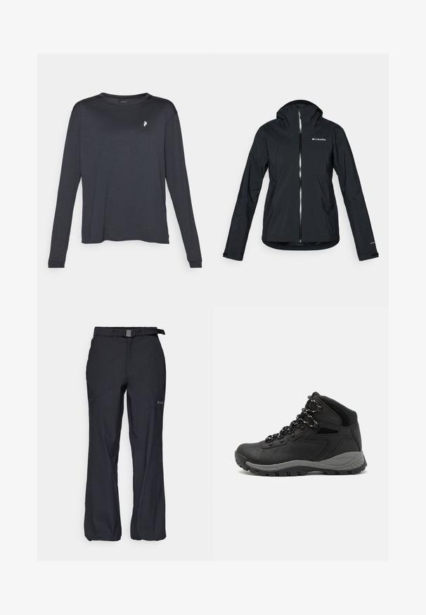 Czarna wodoodporna kurtka z pełnym zamkiem, z odczepianym kapturem i odblaskowymi akcentami. Gładka tekstura, minimalistyczny design, z logo Columbia.; Czarna, długosleeve'owa koszulka z teksturowanej tkaniny, z okrągłym dekoltem i małym białym logo na lewej piersi.; Czarne spodnie outdoorowe z lekkiego materiału, z regulowanym pasem wyposażonym w pasek oraz dwiema przednimi kieszeniami. Zaprojektowane z myślą o komforcie i funkcjonalności.; Czarne buty trekkingowe z średnim cholewem, z teksturowaną cholewą, szarymi akcentami oraz trwałą gumową podeszwą z wypustkami zapewniającymi przyczepność.