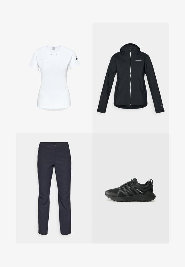 Sort vandtæt jakke med fuld lynlås, fast hætte og reflekterende detaljer. Glat tekstur, minimalistisk design med Columbia-logoet.; Kortærmet hvid sportsshirt med rund hals, prydet med et logo på brystet og en glat, let stofstruktur.; Mørkeblå bukser lavet af glat stof, med en frontknaplukning, tætsiddende design og pressefolder ved knæene.; Columbia PEAKFREAK - Hikingsko - black