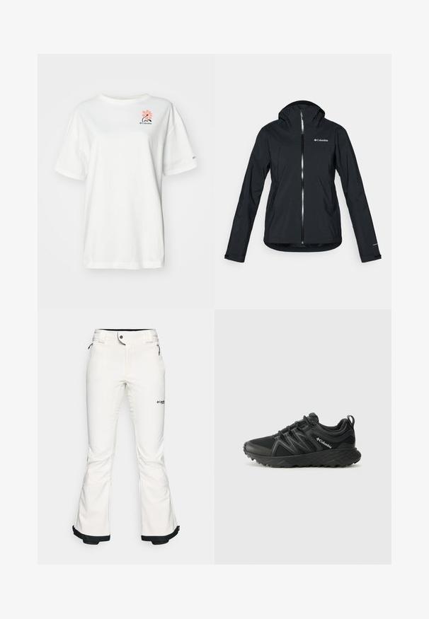 Svart vanntett jakke med full glidelås, festet hette og refleksdetaljer. Glatt tekstur, minimalistisk design med Columbia-logo.; Hvit kortermet t-skjorte laget av bomull, med et rosa blomsterdesign og en liten svart logo på venstre brystområde.; Hvite skibukser laget av mykt, fleksibelt materiale. Har en tettsittende midje, vide, utvidede ben og svart kanting ved ermene. Merkevarelogo synlig.; Columbia PEAKFREAK - Fjellsko - black