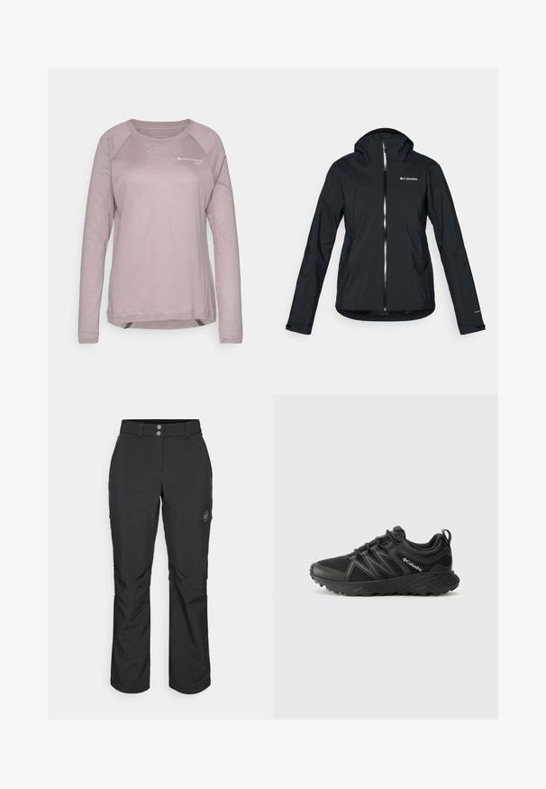 Juodas vandeniui atsparus švarkas su pilna užtrauktuko sistema, pritvirtinta kapišonu ir atspindinčiomis detalėmis. Lygi tekstūra, minimalus dizainas, su "Columbia" logotipu.; Šviesiai rožinė ilgomis rankovėmis marškinėliai, pagaminti iš minkštos medžiagos. Su raglan rankovėmis, apvaliu iškirpimu ir mažas logotipo spaudiniu ant krūtinės.; Juoda lauko kelnės su tiesiu kirpimu, su mygtuko uždarymu, užtrauktuku užtraukiamomis šoninėmis kišenėmis ir logotipo aplikacija kairiajame šlaunyje.; Columbia PEAKFREAK - Turistiniai batai - black