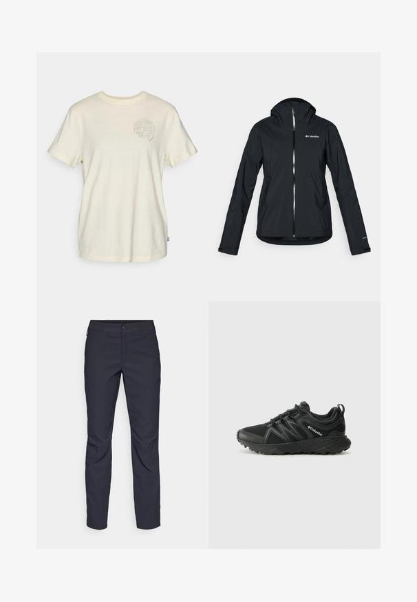 Svart vanntett jakke med full glidelås, festet hette og refleksdetaljer. Glatt tekstur, minimalistisk design med Columbia-logo.; Kortermet T-skjorte i lys beige bomull, med et rundt grafisk trykk med teksten "SEE YOU OUT HERE" og naturelementer på brystet.; Marineblå bukser laget av glatt stoff, med frontknappelukking, slim-fit design og pressede detaljer ved knærne.; Columbia PEAKFREAK - Fjellsko - black