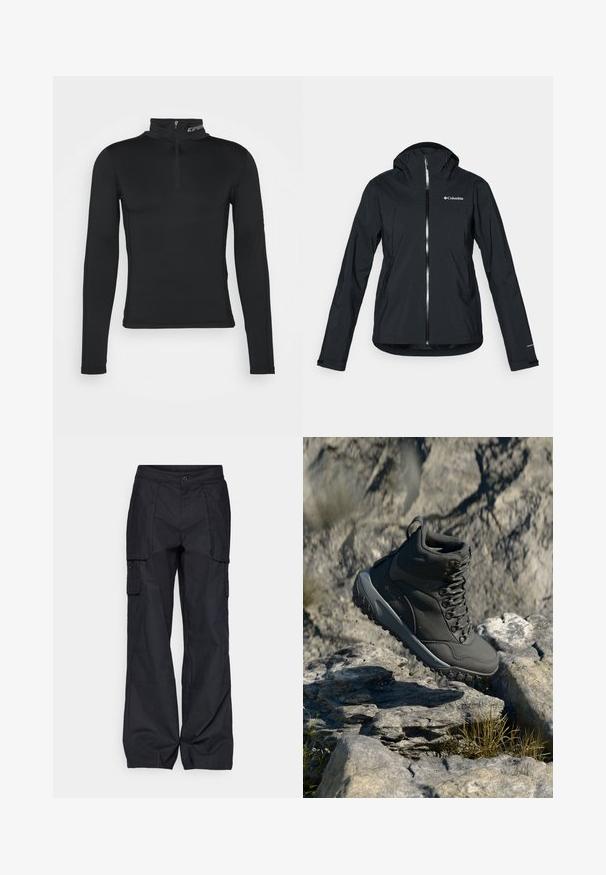 Zwarte waterdichte jas met een volledige rits, aangehechte capuchon en reflecterende accenten. Gladde textuur, minimalistisch ontwerp met het Columbia-logo.; Zwarte langslavige basislaag met een hoge kraag en een kwart-ritssluiting. Soepele textuur en nauwsluitend ontwerp voor geoptimaliseerde prestaties.; Columbia BREA FALLS™ COTTON RIPSTOP PANT - Outdoorbroeken - black; Donkergrijze wandelschoen van synthetisch materiaal, met een gewatteerde schacht, metalen veterogen en een getextureerde rubberen zool voor grip.