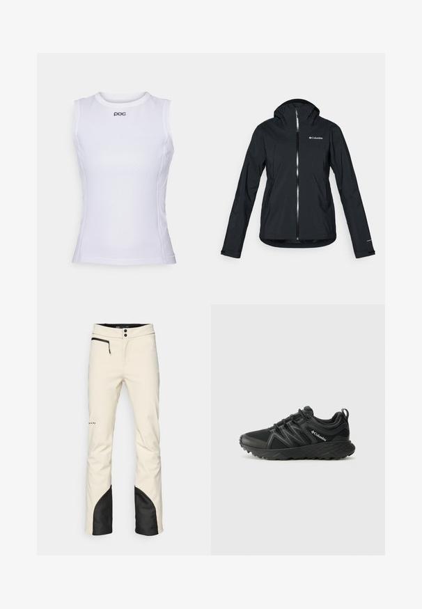 Jachetă neagră, impermeabilă, cu fermoar complet, glugă atașată și accente reflective. Textură netedă, design minimal, ce prezintă logo-ul Columbia.; Cămașă sport albă fără mâneci, realizată dintr-un material texturat din plasă. Are un decolteu rotund și un logo mic pe față.; Pantaloni de schi pentru bărbați, crem, cu un accent negru la tiv. Au o buzunar cu fermoar, sistem de închidere cu nasture și picioare ajustate. Material moale, rezistent la apă.; Columbia PEAKFREAK - Pantofi drumeție - black