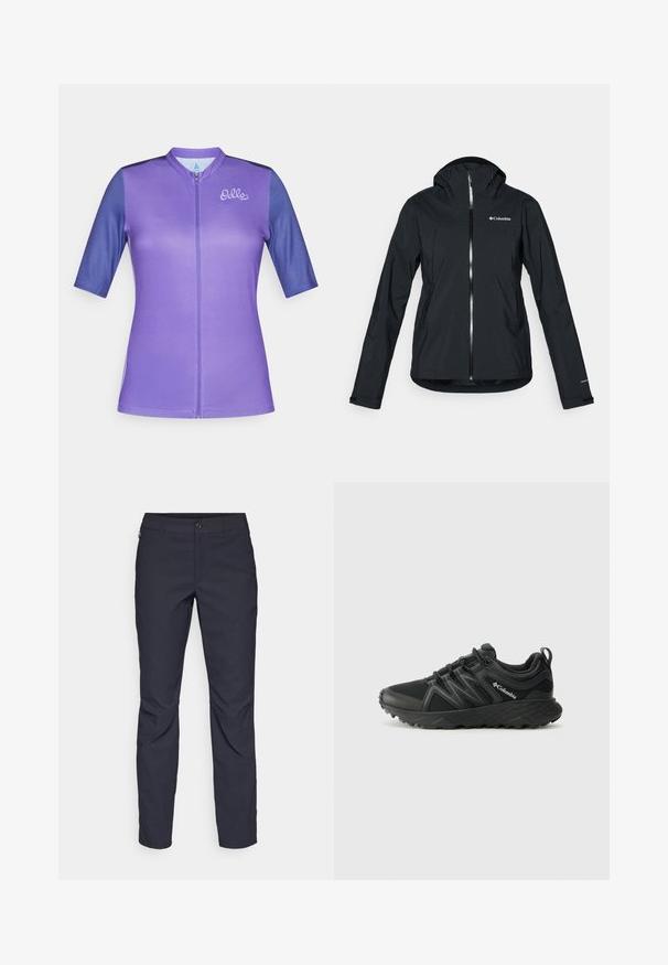 Mustang must-haves vettisooja, täispikk tõmblukk, kinnitatud kapuuts ja peegeldavad aktsendid. Sile tekstuur, minimaalne disain, millel on Columbia logo.; Lühikeste varrukatega lilla jalgrattasärk, millel on zipp ees, tumedamad kontrastsed varrukad ja rinnal brodeeritud logo. Sile, veniv kangas.; Tumedat sinised püksid sujuva kangaga, millel on esiääre nuppude sulgemine, kitsas lõige ja volditud detailid põlvede piirkonnas.; Columbia PEAKFREAK - Matkajalatsid - black