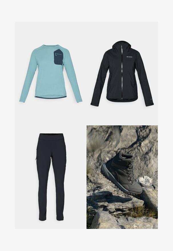 Zwarte waterdichte jas met een volledige rits, aangehechte capuchon en reflecterende accenten. Gladde textuur, minimalistisch ontwerp met het Columbia-logo.; Langsleeve shirt van lichtblauwe textuurstof. Beschikt over een marineblauwe pocket met branding. Ronde halslijn en ontwerp met afgeronde zoom.; Zwarte sportbroek met een slim fit, elastische tailleband en een zijzak met rits. Glad, rekbaar materiaal met minimale naden.; Donkergrijze wandelschoen van synthetisch materiaal, met een gewatteerde schacht, metalen veterogen en een getextureerde rubberen zool voor grip.