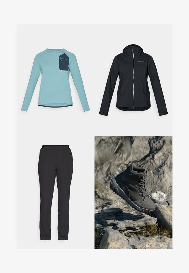 Zwarte waterdichte jas met een volledige rits, aangehechte capuchon en reflecterende accenten. Gladde textuur, minimalistisch ontwerp met het Columbia-logo.; Langsleeve shirt van lichtblauwe textuurstof. Beschikt over een marineblauwe pocket met branding. Ronde halslijn en ontwerp met afgeronde zoom.; Zwarte outdoorbroek, gemaakt van lichtgewicht stof, heeft een recht model, met ritszakken aan de zijkanten en een verstelbare tailleband.; Donkergrijze wandelschoen van synthetisch materiaal, met een gewatteerde schacht, metalen veterogen en een getextureerde rubberen zool voor grip.