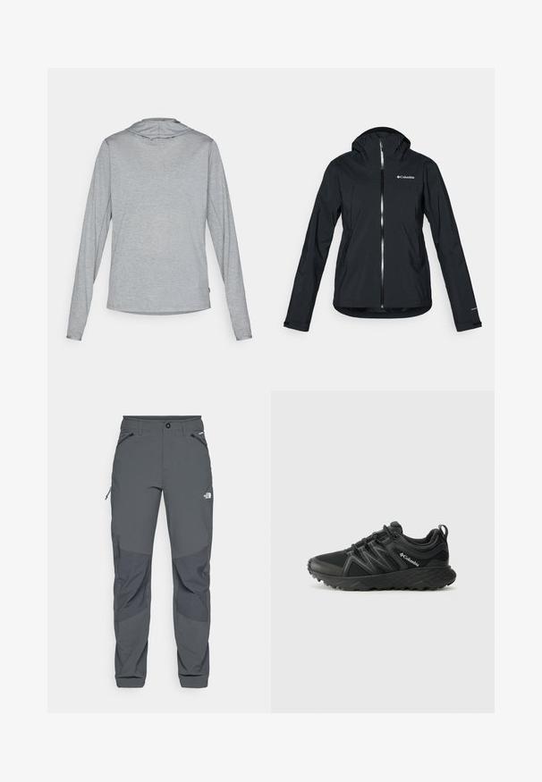 Mustat vedenpitävät takki, jossa on täysipitkä vetoketju, irrotettava huppu ja heijastavat yksityiskohdat. Tasainen pinta, minimalistinen muotoilu, jossa on Columbia-logo.; Pitkähihaisen hupparin paita vaaleanharmaana, jossa on pehmeä, teksturoitu kangas. Huppumallinen malli, rento istuvuus ja pyöristetty helma.; Tummanharmaat ulkoiluhousut, joissa on vahvistetut polvipaikat, vetoketjulliset sivu- ja etutaskut, nappisuljenta ja The North Face -logo reidessä.; Columbia PEAKFREAK - Vaelluskengät - black