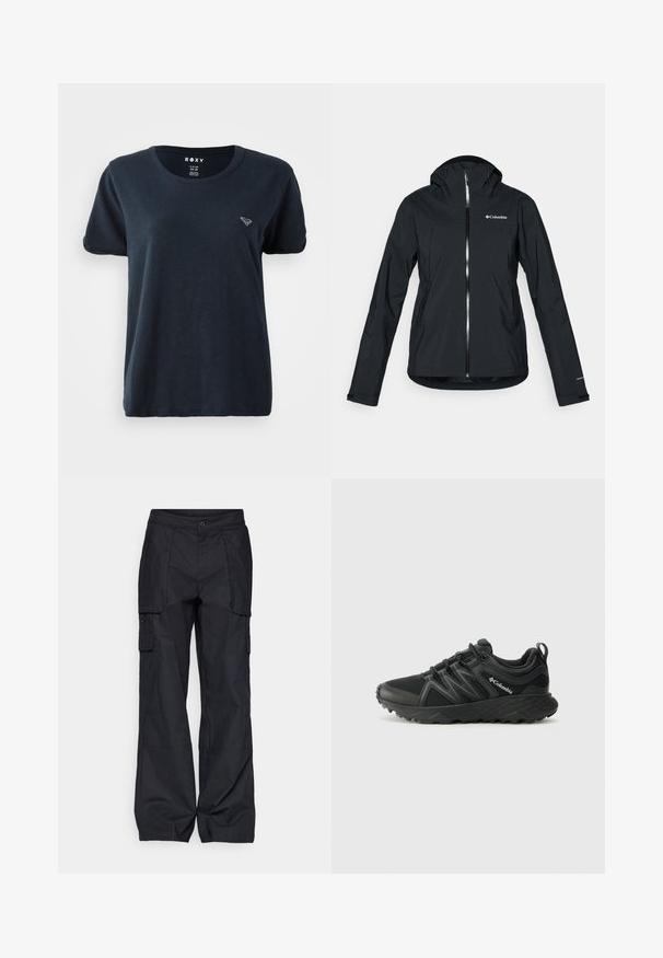 Mustang must-haves vettisooja, täispikk tõmblukk, kinnitatud kapuuts ja peegeldavad aktsendid. Sile tekstuur, minimaalne disain, millel on Columbia logo.; Tume sinine lühikeste varrukatega T-särk, mis on valmistatud pehmest kangast, omades ümmargust kaelust ja väikest logo vasakul rinnal. Lihtne ja mugav disain.; Columbia BREA FALLS™ COTTON RIPSTOP PANT - Õuepüksid - black; Columbia PEAKFREAK - Matkajalatsid - black