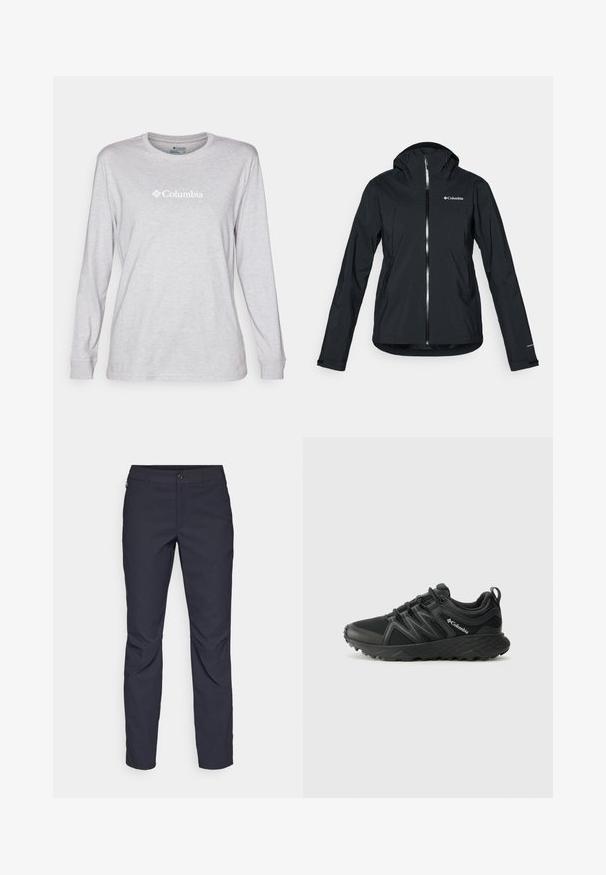 Juodas vandeniui atsparus švarkas su pilna užtrauktuko sistema, pritvirtinta kapišonu ir atspindinčiomis detalėmis. Lygi tekstūra, minimalus dizainas, su "Columbia" logotipu.; Pilkas ilgomis rankovėmis marškinėliai, pagaminti iš medvilnės mišinys, turintys apvalią iškirptę ir baltą "Columbia" logotipą spausdintą ant krūtinės.; Tamsiai mėlynos kelnės, pagamintos iš lygaus audinio, su priekiniais mygtukais, lieknos silueto ir raukšlėmis ant kelių.; Columbia PEAKFREAK - Turistiniai batai - black
