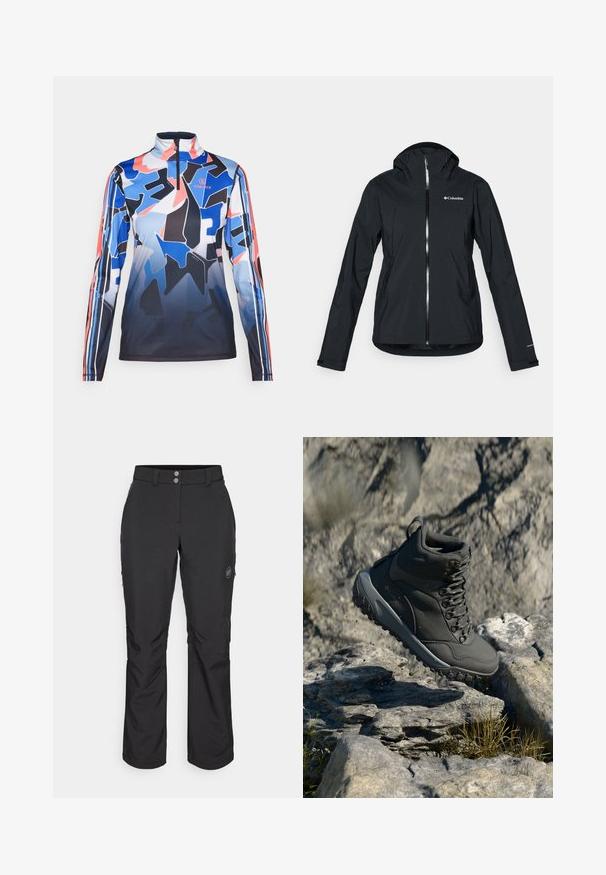 Black waterproof jacket with a full zipper, attached hood, and reflective accents. Smooth texture, minimal design, featuring the Columbia logo.; Bogner Fire + Ice Long sleeved top - multicolor; Black outdoor pants with a straight cut, featuring a button closure, zippered side pockets, and a logo patch on the left thigh.; Dark gray hiking boot made of synthetic material, featuring a padded collar, metal eyelets, and textured rubber sole for traction.