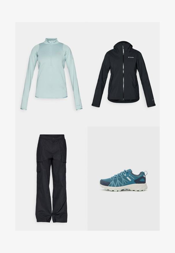 Veste noire imperméable avec une fermeture éclair intégrale, capuche attachée et accents réfléchissants. Texture lisse, design minimaliste, arborant le logo Columbia.; Pull-over à manches longues bleu clair avec un zip à demi sur le devant, tissu texturé, accents lisses et logo "Columbia" sur la poitrine et la manche.; Columbia BREA FALLS™ COTTON RIPSTOP PANT - Pantalons outdoor - black; Columbia PEAKFREAK™ II OUTDRY™ - Chaussures de marche - blue heron/skylight
