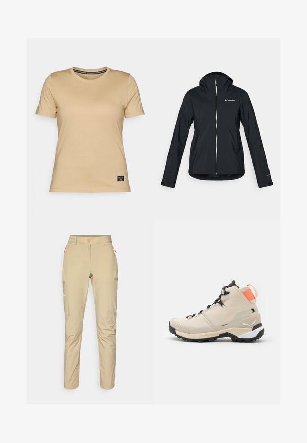 Sort vandtæt jakke med fuld lynlås, fast hætte og reflekterende detaljer. Glat tekstur, minimalistisk design med Columbia-logoet.; Salewa EAGLE LOGO PATCH - T-shirts basic - quicksand; Beige udendørsbukser med en glat tekstur, der har en orange lynlås lomme, slank pasform og et lille hvidt logo på forsiden.; Salewa PUEZ MID PTX - Hikingsko - oatmeal