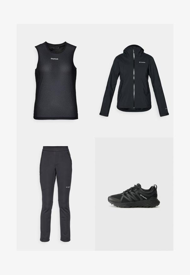 Crna vodootporna jakna s punim zatvaračem, pričvršćenim kapuljačom i reflektirajućim detaljima. Glatka tekstura, minimalistički dizajn, s logotipom Columbia.; Crni bezrukavni mrežasti dukserica s okruglim izrezom, koja ima prozračan dizajn i GripGrab logo naprijed. Teksturalni izgled.; Crne softshell hlače s uskim krojem, elastičnim pojasom, bočnim zatvorenim džepovima i prošivenim detaljima na nogavicama za izdržljivost.; Columbia PEAKFREAK - Obuća za pješačenje - black