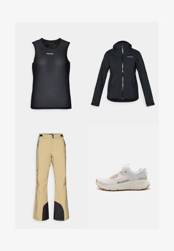 Giacca nera impermeabile con zip full-length, cappuccio integrato e dettagli riflettenti. Tessuto liscio, design minimale, con logo Columbia.; Canotta nera senza maniche in rete con collo rotondo, caratterizzata da un design traspirante e dal logo GripGrab sul davanti. Aspetto testurizzato.; Pantaloni da sci beige con design svasato, caratterizzati da dettagli neri sul fondo gamba e tasche laterali con zip. Realizzati in materiale durevole e resistente all'umidità.; Scarpa atletica leggera Columbia in rete bianca con suola grigia testurizzata e trazione in gomma. Presenta un colletto imbottito e un design con lacci.