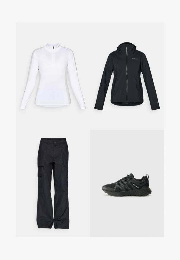 Schwarze wasserdichte Jacke mit durchgehendem Reißverschluss, angebauter Kapuze und reflektierenden Akzenten. Glatte Textur, minimales Design mit dem Columbia-Logo.; Langärmliges weißes Sportshirt mit einem Reißverschlusskragen. Verfügt über ein nahtloses Design und eine eng anliegende Passform, geeignet für Outdoor-Aktivitäten.; Columbia BREA FALLS™ COTTON RIPSTOP PANT - Outdoor-Hose - black; Columbia PEAKFREAK - Hikingschuh - black