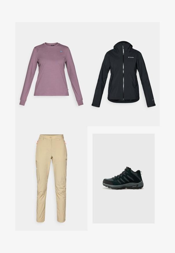 Juodas vandeniui atsparus švarkas su pilna užtrauktuko sistema, pritvirtinta kapišonu ir atspindinčiomis detalėmis. Lygi tekstūra, minimalus dizainas, su "Columbia" logotipu.; Ilgomis rankovėmis marškiniai švelniai levandų spalvos. Pagaminti iš minkštos medžiagos, su apvaliu kaklu, puošti mažu mėlynu logotipu ant krūtinės ir prigludusiomis rankovėmis.; Smėliniai lauko kelnės su lygiu paviršiumi, turinčios oranžinę užtrauktuko kišenę, aptemptą siluetą ir mažą baltą logotipą priekyje.; Columbia REDMOND - Turistiniai batai - black/citron haze