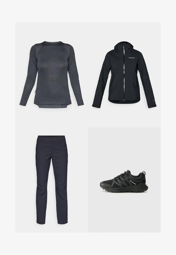 Svart vanntett jakke med full glidelås, festet hette og refleksdetaljer. Glatt tekstur, minimalistisk design med Columbia-logo.; Langermet treningsskjorte i mørkegrått stoff med teksturert design, rund halslinning og sideslisser for økt bevegelsesfrihet.; Marineblå bukser laget av glatt stoff, med frontknappelukking, slim-fit design og pressede detaljer ved knærne.; Columbia PEAKFREAK - Fjellsko - black