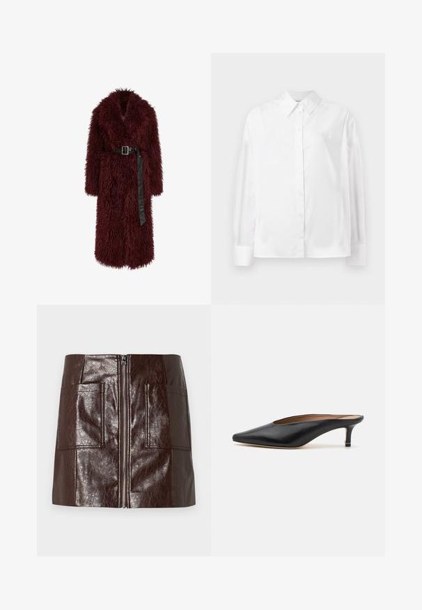 Burgunderfarbener Kunstfellmantel mit tiefem V-Ausschnitt, langen Ärmeln und einem schwarzen Leder-Gürtel in Taillenhöhe. Hat eine flauschige Textur und eine Länge bis zur Mitte der Wade.; Weißes Langarm-Hemd mit Knopfverschluss aus einer glatten Baumwollmischung. Verfügt über einen klassischen Kragen, eine Frontknopfverschluss und abgerundete Manschetten.; Brauner Kunstleder-Minirock mit einem Reißverschluss vorne, zwei großen Fronttaschen und einer glatten, glänzenden Textur.; Schwarze Leder-Mules mit spitzem Zehenbereich und niedrigem Blockabsatz. Glatte Textur mit elegantem Design. Offene Rückseite mit minimaler Gestaltung.