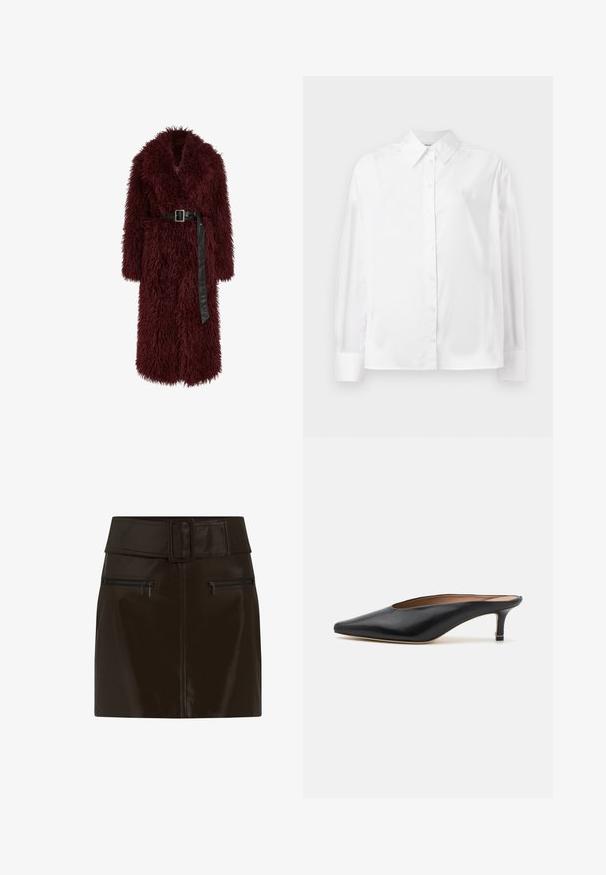 Burgundia valehalli mantel sügava V-kaelusega, pikad varrukad ja mustast nahast vöökoht. Omab pehmet tekstuuri ja ulatub keskmise sääreni.; Valge pikka varrukat nuppude jaotuse särk, mis on valmistatud siledast puuvillasegust. Omab klassikalist krae, ees nuppude sulgemist ja ümarate mansettidega.; Pruun kunstnahk mini-seelik laia vööntasku, ruudukujuline pandla ja kahe tõmblukuga küljetaskuga. Sile, läikiv tekstuur.; Mustri mustad nahast ketsid terava nina ja madala plokkninas. Sile tekstuur ja elegantne disain. Avatud selg, minimaalse detailimisega.