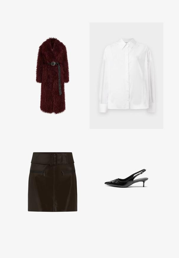 Cappotto in pelliccia artificiale bordeaux con scollatura a V profonda, maniche lunghe e vita in pelle nera con cinturino. Presenta una texture morbida e lunghezza fino al polpaccio.; Camicia bianca a maniche lunghe con bottone in un morbido mix di cotone. Presenta un colletto classico, chiusura frontale con bottoni e polsini arrotondati.; Gonna mini in finta pelle marrone con una vita ampia, fibbia quadrata e due tasche laterali con zip. Texture liscia e lucida.; Tacchi slingback in pelle nera con punta affusolata, piccolo tacco kitten e un dettaglio a nodo decorativo sulla parte anteriore. Texture liscia su tutta la superficie.