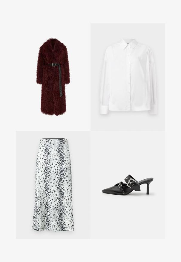 Burgundijas mākslīgās kažokādas mēteli ar dziļu V-veida kaklu, garām piedurknēm un ar melnu ādas jostu viduklī. Ir pūkaina tekstūra un vidus teļa garums.; Balta, garām piedurknēm, ar pogām aizpogājama krekla no gludas kokvilnas šķiedras. Tam ir klasiskā apkakle, priekšējā aizpogājamā daļa un noapaļotas aproces.; Klāju līdz ceļgalam, kas izgatavota no baltas auduma ar melnu un pelēku traipainu rakstu, pabeigta ar vienkāršu jostu un mazu logo.; Melnas augstpapēžu mūles ar norādītu purngalu, izgatavotas no gludas ādas. Iekļauj plašu potītes siksnu ar kvadrātveida sudraba sprādzi un kniedēm.