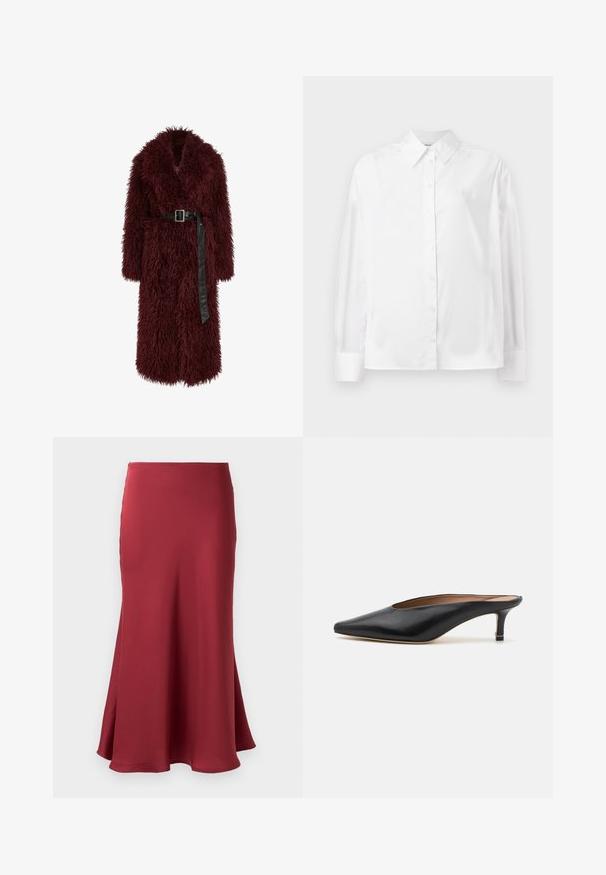 Manteau en fausse fourrure bourgogne avec un décolleté en V profond, des manches longues et une taille ceinturée en cuir noir. Présente une texture moelleuse et une longueur mi-mollet.; Chemise blanche à manches longues, en mélange de coton lisse. Présente un col classique, une fermeture à boutons sur le devant et des poignets arrondis.; Jupe en satin bordeaux au toucher lisse, silhouette évasée et ourlet tombant sous le genou. Pas de quincaillerie ou de motifs visibles.; Mules en cuir noir avec un bout pointu et un petit talon carré. Texture lisse avec un design épuré. Dos ouvert avec un minimum de détails.