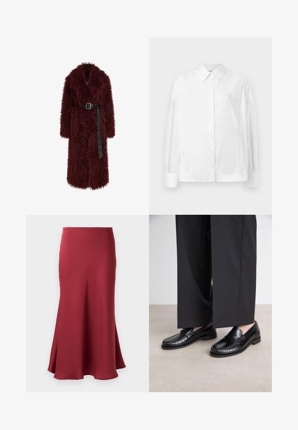 Manteau en fausse fourrure bourgogne avec un décolleté en V profond, des manches longues et une taille ceinturée en cuir noir. Présente une texture moelleuse et une longueur mi-mollet.; Chemise blanche à manches longues, en mélange de coton lisse. Présente un col classique, une fermeture à boutons sur le devant et des poignets arrondis.; Jupe en satin bordeaux au toucher lisse, silhouette évasée et ourlet tombant sous le genou. Pas de quincaillerie ou de motifs visibles.; Mocassins en cuir noir avec une finition lisse, descoutures autour de l'orteil et une semelle en caoutchouc basse. Assortis à un pantalon large noir.