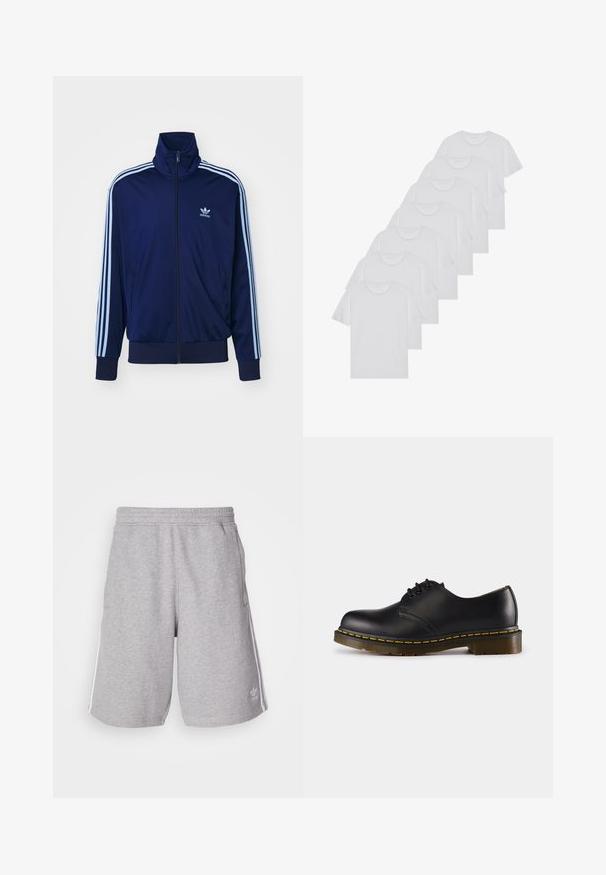 Giacca a zip blu navy realizzata in tessuto morbido, con tre strisce azzurre sulle maniche e un piccolo logo sul petto.; T-shirt bianchi in cotone, maniche corte, design a collo tondo, texture liscia, impilati in fila, con un sottile marchio all'altezza del collo.; Shorts sportivi grigi realizzati in tessuto misto cotone. Presentano tasche laterali, vita elastica e strisce bianche sui lati. Design classico.; Scarpa in pelle nera con punta arrotondata, design con lacci, cuciture gialle lungo la suola e suola in gomma spessa e testurizzata.