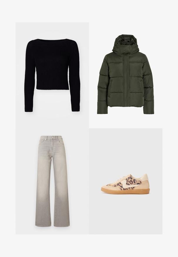 Casaco almofadado verde-azeitona com gola alta e capuz. Apresenta costuras horizontais, bolsos laterais e fecho de correr frontal.; Suéter de malha preto de mangas longas com textura canelada e decote largo; comprimento cropped com detalhes de costura subtil nas mangas.; Jeans largos cinzentos com um acabamento desbotado, fecho de botão, design de cinco bolsos e detalhes costurados ao longo das costuras.; Sapatilhas com padrão de leopardo, parte superior em camurça bege, sola de borracha castanha e detalhes brancos. Bico redondo e design com atacadores, com um acabamento texturizado.