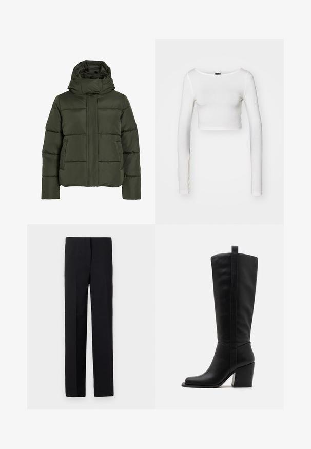 Giacca verde oliva, morbida e imbottita, con colletto alto e cappuccio. Presenta cuciture orizzontali, tasche laterali e chiusura frontale con zip.; Gina Tricot SOFT TOUCH CROPPED TOP - Maglietta a manica lunga - pristine; Pantaloni neri su misura con taglio dritto, caratterizzati da una texture liscia e senza motivi visibili. Vita standard e finitura pulita.; Stivali neri in pelle fino al ginocchio con punta squadrata, tacco affusolato e dettaglio a cucitura verticale lungo il fusto esterno. Texture liscia.