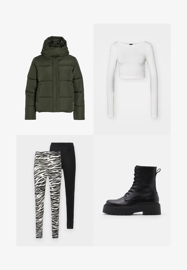Puffy, olive green jacket with a high collar and hood. Features horizontal stitching, side pockets, and a front zipper closure.; Gina Tricot SOFT TOUCH CROPPED TOP - Long sleeved top - pristine; Two pairs of leggings: one patterned with black and white zebra stripes, the other solid black. Both are fitted with elastic waistbands.; Black leather ankle boots with a round toe, lace-up front, and a thick rubber sole featuring a textured tread. Pull tab at the back.