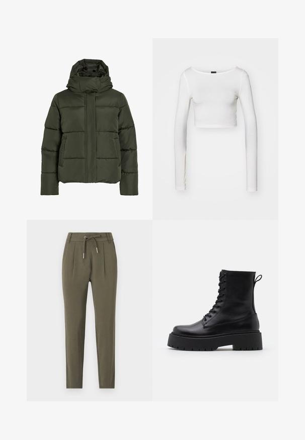 Veste verte olive rembourrée avec un col haut et une capuche. Comprend des coutures horizontales, des poches latérales et une fermeture éclair à l'avant.; Gina Tricot SOFT TOUCH CROPPED TOP - T-shirt à manches longues - pristine; Pantalons tapered vert olive avec une taille à cordon, des détails de plis et une texture de tissu lisse et léger.; Bottines en cuir noir avec un bout rond, un laçage à l'avant et une épaisse semelle en caoutchouc dotée d'un motif texturé. Tirer au dos.