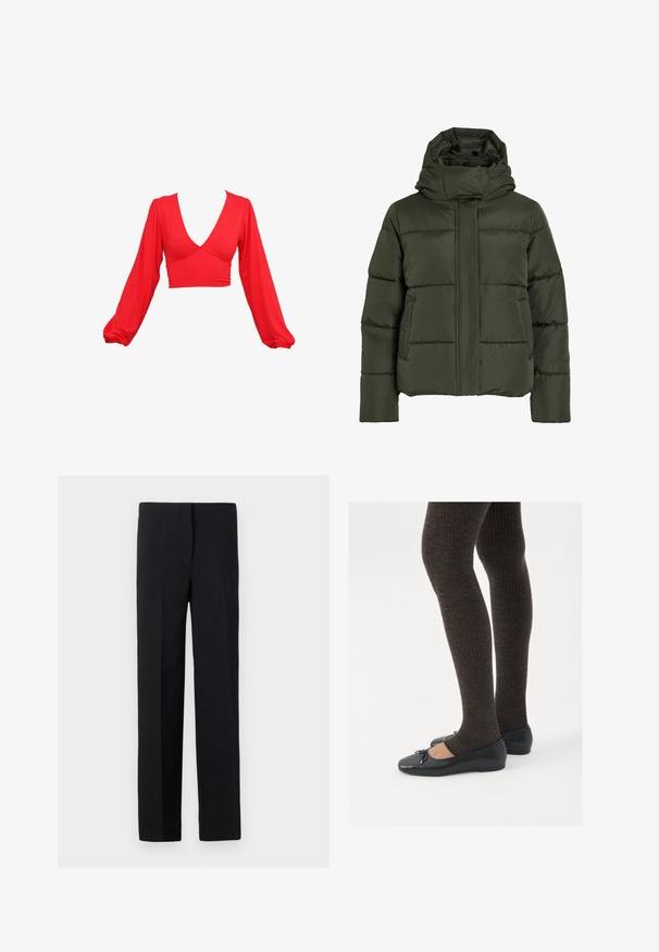 Chaqueta acolchada de color verde oliva con cuello alto y capucha. Presenta costuras horizontales, bolsillos laterales y un cierre frontal con cremallera.; Top corto rojo con un profundo escote en V, mangas largas abullonadas y detalles recogidos en la cintura. Fabricado con una tela suave y elástica.; Pantalones negros ajustados de corte recto, con una textura suave y sin patrones visibles. Cintura estándar y un acabado limpio.; Zapatos planos negros con un pequeño lazo en la punta, combinados con medias de punto en marrón oscuro. Los zapatos tienen una textura suave y un perfil bajo.