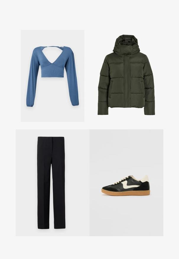 Puffy, olive green jacket with a high collar and hood. Features horizontal stitching, side pockets, and a front zipper closure.; Blue long-sleeve crop top with a deep V-neckline, gathered details at the bust, and slightly puffed sleeves. Smooth, stretchy fabric.; Black tailored trousers with a straight cut, featuring a smooth texture and no visible patterns. Standard waistband and a clean finish.; Black suede and leather sneaker with a cream side swoosh and light cream heel. Features beige laces and a gum rubber outsole.