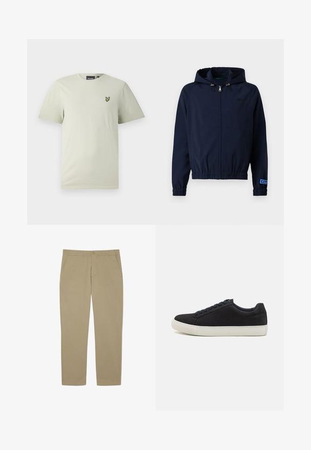 Jachetă navy cu glugă ajustabilă, închidere cu fermoar în față, manșete elastice și talie cu șnur. Dispune de un logo mic pe piept.; Tricou din bumbac de culoare verde deschis, cu mâneci scurte și guler rotund, având un mic logo brodat verde pe partea stângă a pieptului.; Pantaloni din bumbac bej cu un design pe picior drept, dotati cu un elastic la talie si doua buzunare frontale. Textură netedă, fără modele vizibile.; Adidași negri din suede cu vârful rotunjit, talpă din cauciuc alb, șireturi albastre contrastante și o textură netedă. Design minimalist, fără logo vizibil.