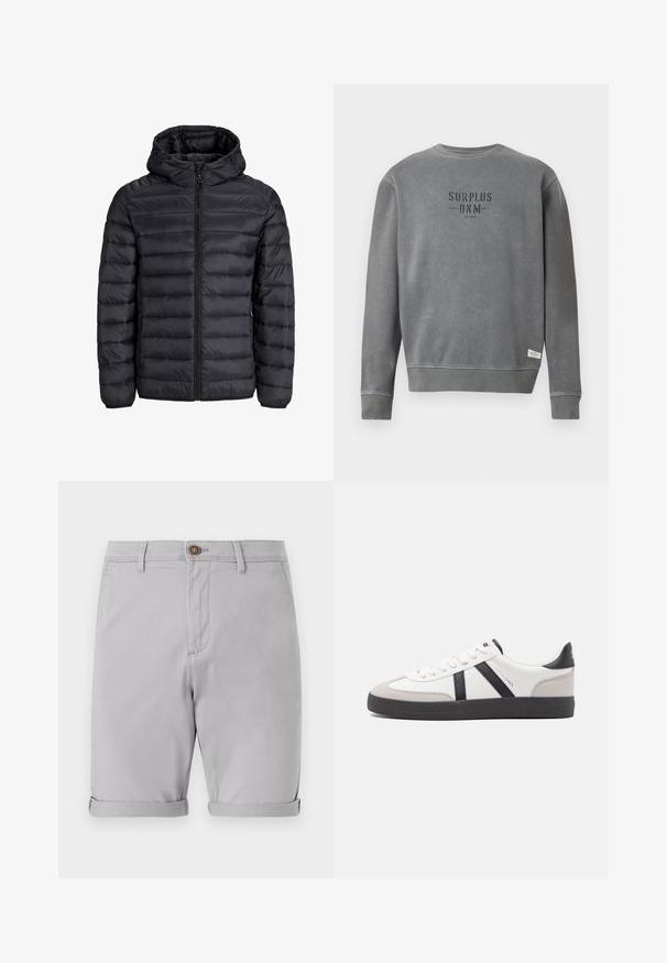 Giacca puffa nera con cappuccio, caratterizzata da un design trapuntato, chiusura frontale con zip e polsini elastici. Realizzata in materiale leggero e resistente all'acqua.; Felpa grigia a maniche lunghe con collo rotondo, con la scritta "SURPLUS DNM" stampata in nero sul petto e un piccolo etichetta bianca vicino all'orlo.; Pantaloni corti di cotone grigio chiaro con risvolti, chiusura frontale a un bottone e tasche laterali, caratterizzati da una texture liscia e un design sartoriale.; Sneaker bianco con accenti neri e grigi, dotata di una punta grigia testurizzata, suola in gomma nera e lacci bianchi piatti. Design pulito, stile minimalista.