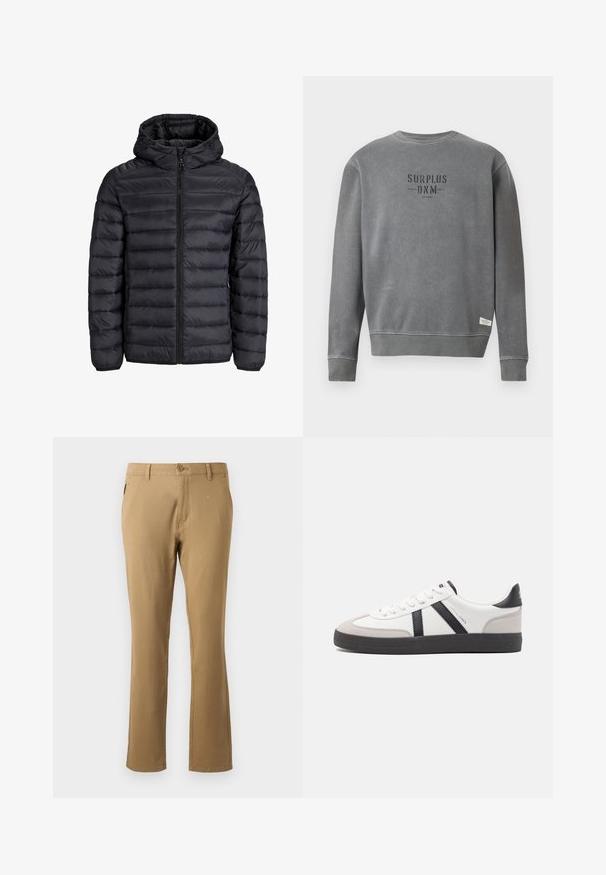 Musthave musta puffjakker, millel on kapuuts, tikandiga disain, esi tõmblukk ja elastsed mansetid. Valmistatud kerge ja veekindlast materjalist.; Hall koosvärvi pika varrukaga crewneck pluus, mille rinnal on musta värvi "SURPLUS DNM" tekst ja allääres väike valge silt.; Beežid chinos sirge jalaga disainiga, valmistatud puuvillast, ainus eesmine nööpkinnitus ja külgtaskud. Sile tekstuur.; Valged tossud mustade ja hallide aktsentidega, tekstureeritud halli varbakattega, musta kummitald ja lamedad valged paelad. Puhtad jooned, minimalistlik stiil.