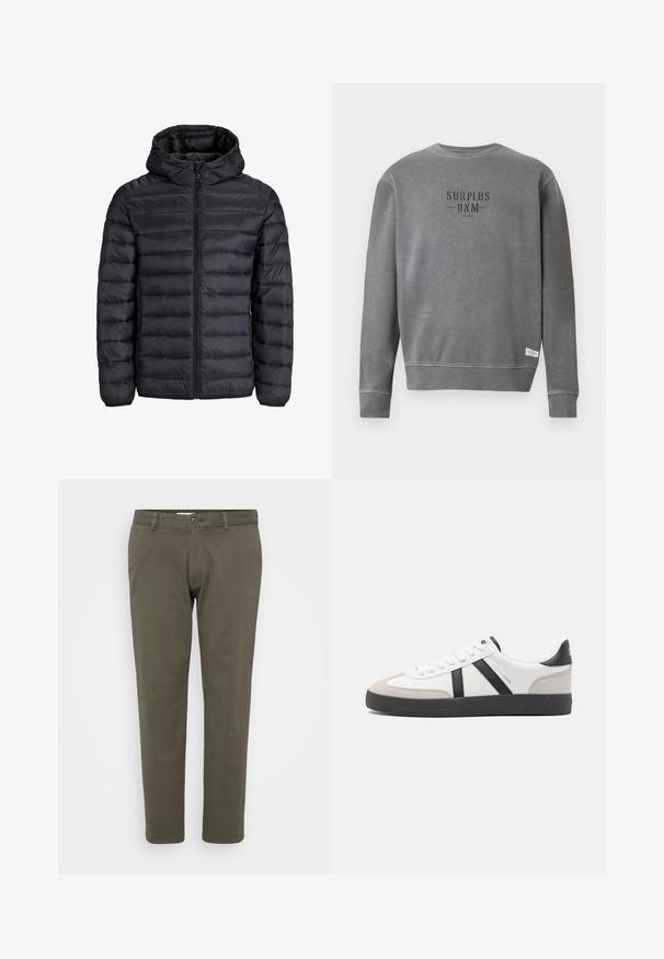 Black puffer jacket with a hood, featuring a quilted design, front zip closure, and elastic cuffs. Made of lightweight, water-resistant material.; Grey long-sleeve crewneck sweatshirt with "SURPLUS DNM" text printed in black on the chest and a small white label near the hem.; Olive green pants made from cotton blend fabric. Straight-leg design with a flat front, button closure, and belt loops. Smooth texture.; White sneaker with black and gray accents, featuring a textured gray toe cap, black rubber sole, and flat white laces. Clean design, minimalist style.