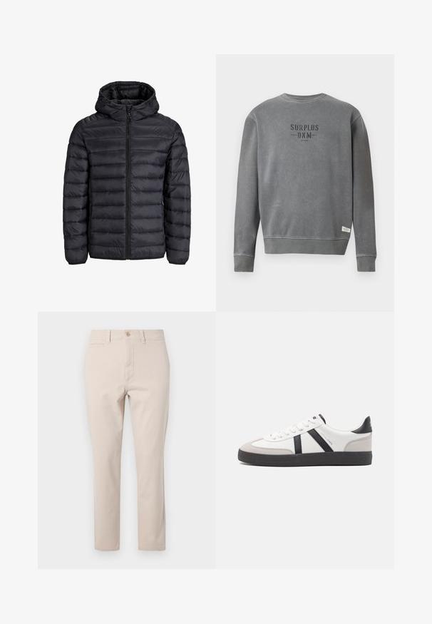 Zwarte pufferjack met capuchon, voorzien van een gestikte ontwerpen, vooraan met rits en elastische manchetten. Gemaakt van lichtgewicht, waterafstotend materiaal.; Grijze lange mouwen crewneck sweatshirt met "SURPLUS DNM" tekst in zwart gedrukt op de borst en een klein wit label nabij de zoom.; Beige katoenen broek met een rechte snit, voorzien van een frontknopen sluiting, riemlussen en een enkele achterzak. Soepele textuur.; Witte sneaker met zwarte en grijze accenten, voorzien van een grijze neus met textuur, zwarte rubberen zool en platte witte veters. Schoon ontwerp, minimalistische stijl.