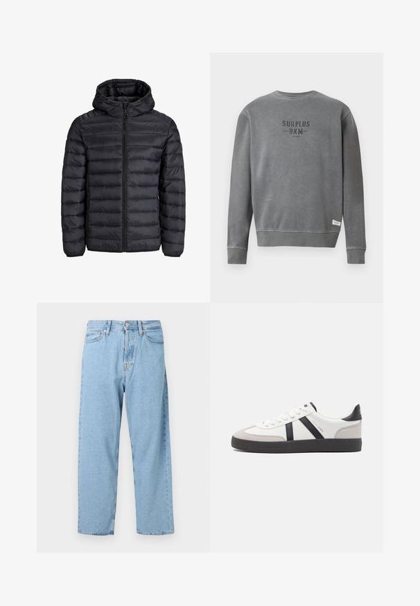 Black puffer jacket with a hood, featuring a quilted design, front zip closure, and elastic cuffs. Made of lightweight, water-resistant material.; Grey long-sleeve crewneck sweatshirt with "SURPLUS DNM" text printed in black on the chest and a small white label near the hem.; Light blue high-waisted straight-leg jeans with five pockets and a front button and zipper closure.; White sneaker with black and gray accents, featuring a textured gray toe cap, black rubber sole, and flat white laces. Clean design, minimalist style.