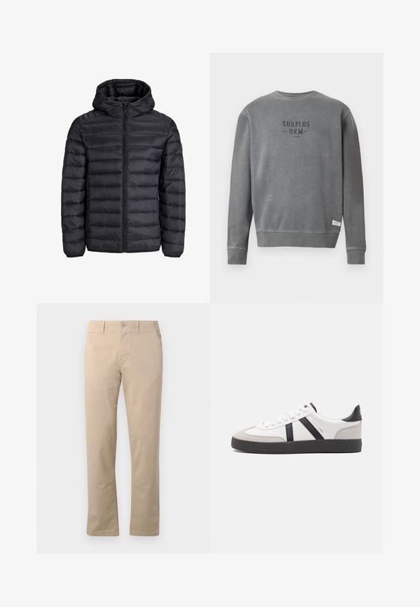 Chaqueta acolchada negra con capucha, presenta un diseño acolchado, cierre frontal con cremallera y puños elásticos. Fabricada con material ligero y resistente al agua.; Sudadera gris de manga larga con cuello redondo, con el texto "SURPLUS DNM" impreso en negro en el pecho y una pequeña etiqueta blanca cerca del dobladillo.; Chinos beige de algodón, con un diseño de pierna recta, cierre de botón tradicional y bolsillos laterales con costuras limpias.; Zapatilla blanca con acentos en negro y gris, que presenta una puntera texturizada en gris, suela de goma negra y cordones planos blancos. Diseño limpio, estilo minimalista.