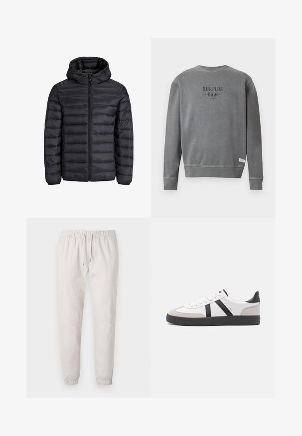 Black puffer jacket with a hood, featuring a quilted design, front zip closure, and elastic cuffs. Made of lightweight, water-resistant material.; Grey long-sleeve crewneck sweatshirt with "SURPLUS DNM" text printed in black on the chest and a small white label near the hem.; Light beige jogger pants made of soft fabric, featuring an elastic waistband with drawstring, cuffed ankles, and side pockets.; White sneaker with black and gray accents, featuring a textured gray toe cap, black rubber sole, and flat white laces. Clean design, minimalist style.